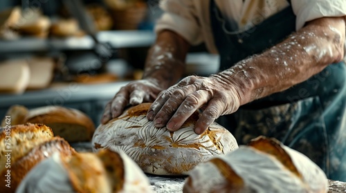 A baker scoring the top of a loaf of bread before baking