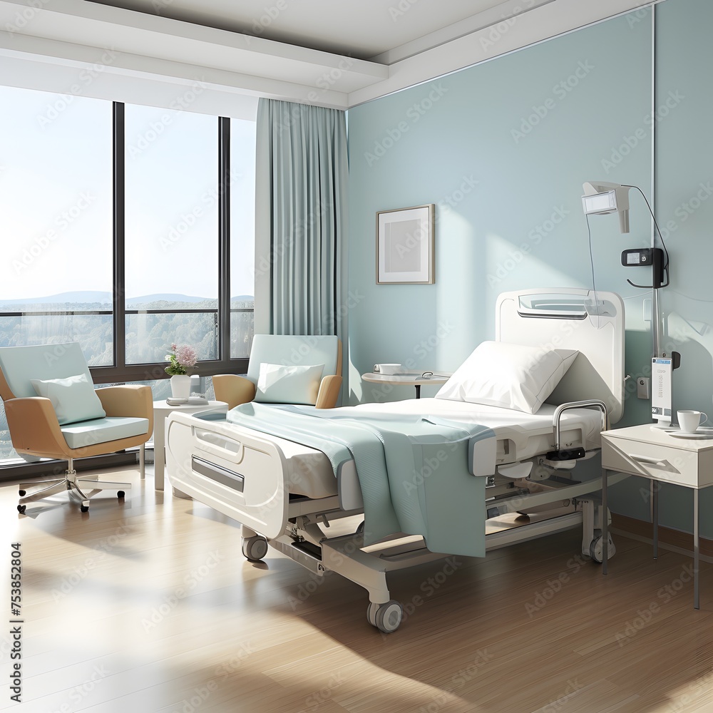 modern hospital room with an empty bed and chair modern hospital room with an empty bed and chair