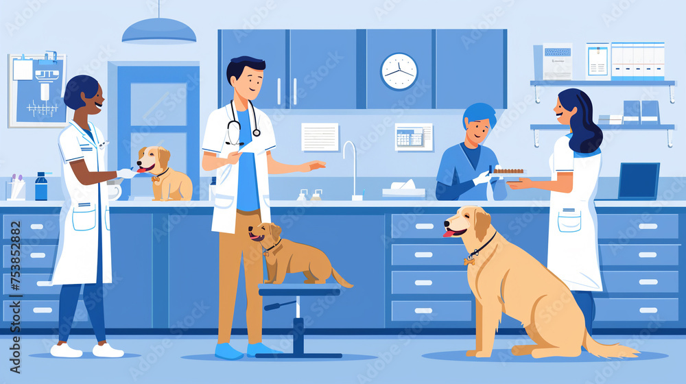 Modern vet hospital with doctors and dogs on a blue background. Banner design. Modern vet hospital with doctors and dogs on a blue background. Banner design.