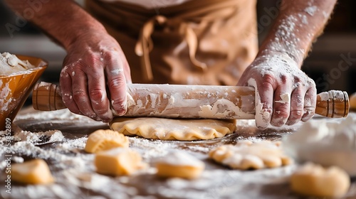 A baker rolling out pie dough on a floured surface