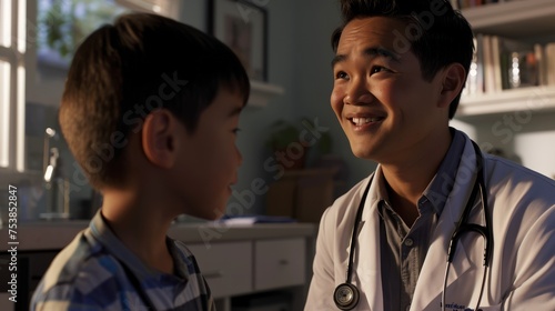 In the photo, a doctor wearing a white lab coat and a stethoscope around his neck smiles at a little boy. Doctor of Asian origin.