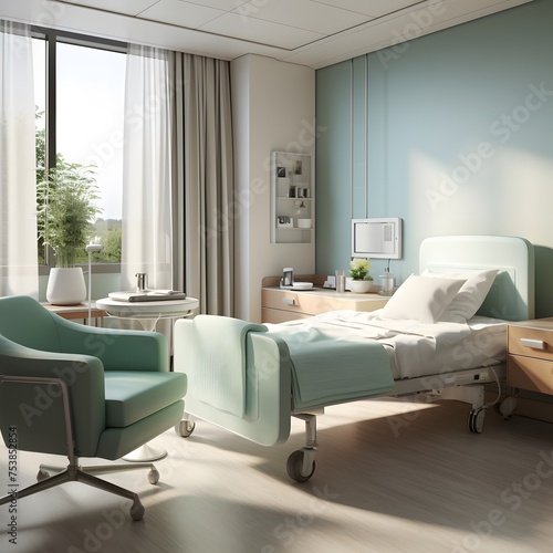 modern hospital room with an empty bed and chair