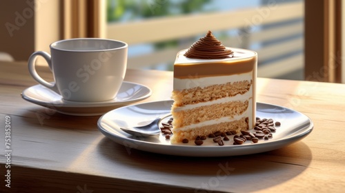 A slice of layered cake with coffee beans on a saucer with a spoon. A cup of coffee sits next to the cake.