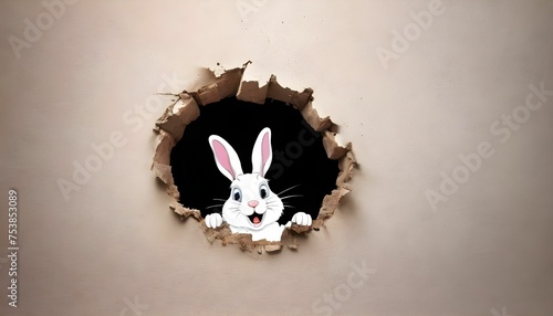 Easter bunny poster peeking out of a hole in the wall with copy space, rabbit jumps out of a torn hole easter banner created with generative ai
