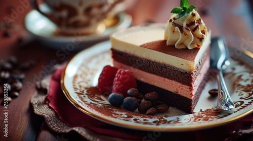 A slice of chocolate cake on a plate, garnished with raspberries and blueberries. A fork is placed on the right side of the plate.