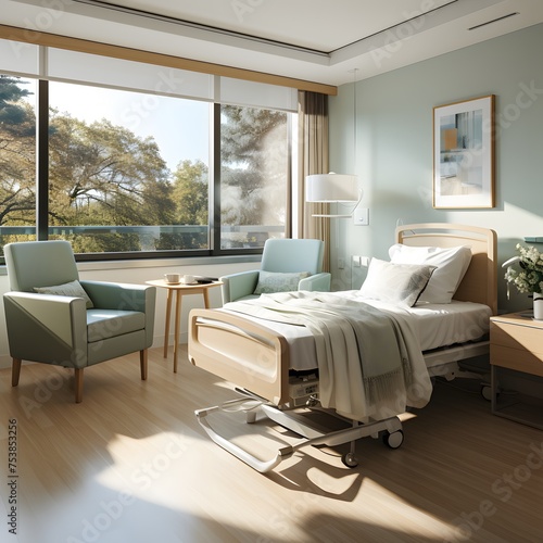 modern hospital room with an empty bed and chair