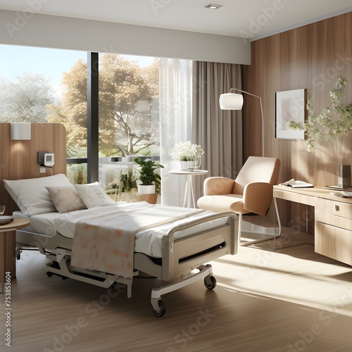 modern hospital room with an empty bed and chair