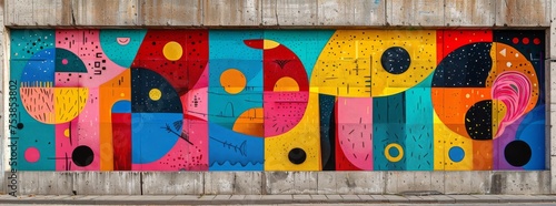 Eclectic urban mural featuring a kaleidoscope of geometric shapes and vivid colors.