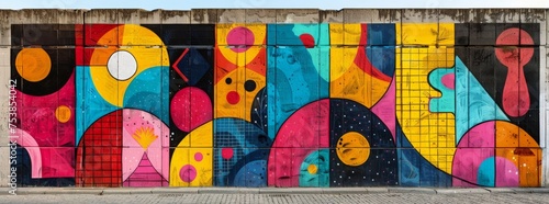Eclectic urban mural featuring a kaleidoscope of geometric shapes and vivid colors.