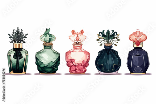 Hand drawn stylized watercolor set of different women perfume bottles isolated on white background