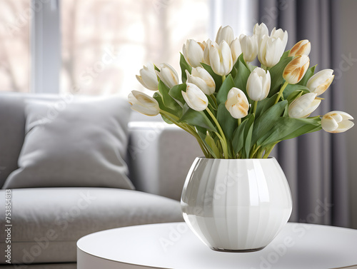White tulip flowers in a vase on table, big window living room in background