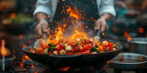 Chef skillfully cooks vegetables outdoors using flambe technique with flaming wok in slow motion. Concept Outdoor Cooking, Flambe Technique, Slow Motion, Chef Skills, Vegetables photo