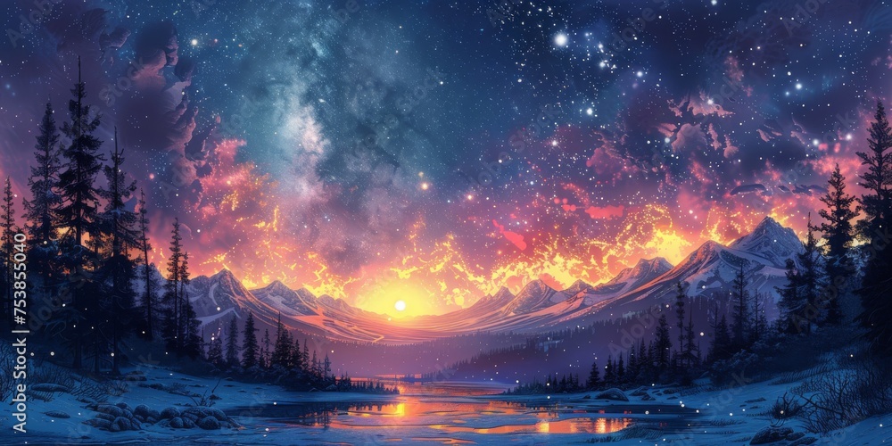 Obraz premium Beautiful winter nature landscape, amazing mountain view. Scenic image of woodland. Frosty day on ski resort