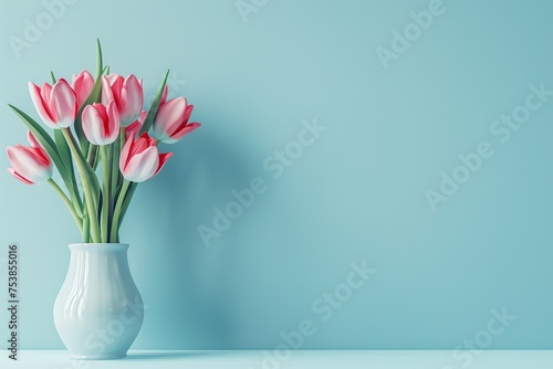 Fresh cut tulip flowers in vase on blue background
