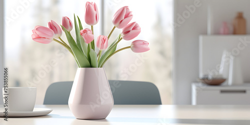 Pink tulip flowers in a vase on kitchen table, modern kitchen interior style in background