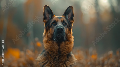 Beautiful german shepherd dog, smart and easy to train on the edge of the forest in Hungary photo