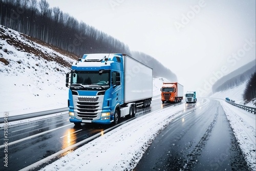 truck with cargo on the highway in winter. Freight transportation
