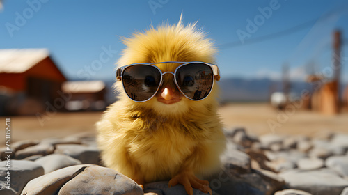 yellow chick wearing silly sunglasses. cute chick photo
