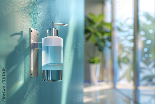 Modern hand sanitizer dispenser hanging on wall photo