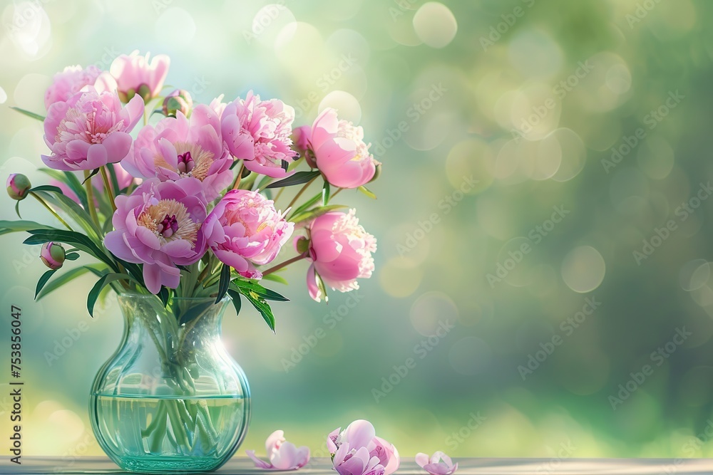 Fresh cut peony flowers in vase on green blurred background Fresh cut peony flowers in vase on green blurred background