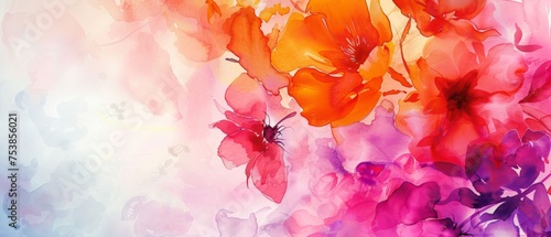 abstract watercolor background with red, pink and orange flowers