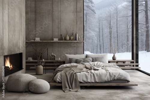 Cozy gray bedroom with bed and a minimalist fireplace, with large windows overlooking winter forest