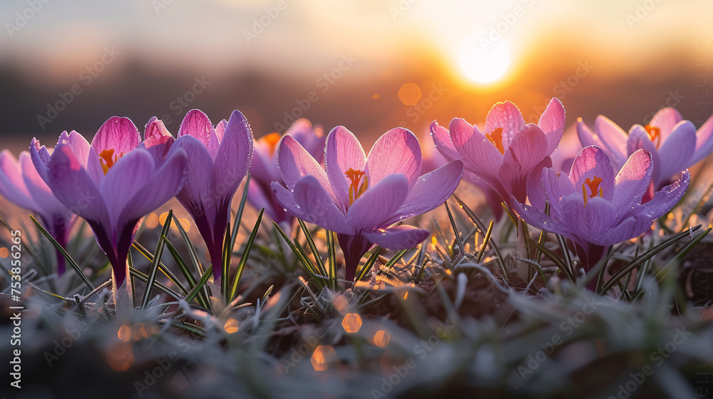 Group of blooming purple crocus delicate flowers against a background of green grass blurred. Gentle sunlight. dew drops on flowers.  - obrazy, fototapety, plakaty 