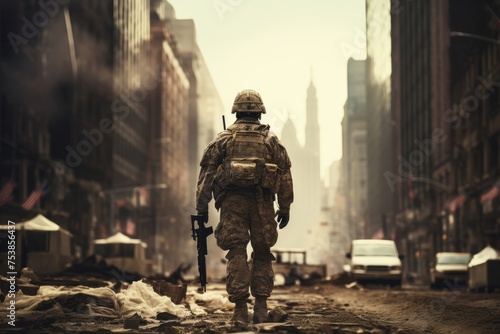 Faceless soldier in destroyed city ruins, post apocalyptic war concept art with military personnel.