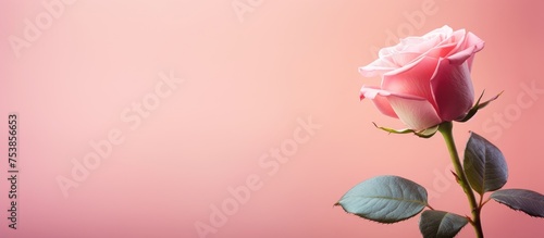 A vibrant pink rose stands out against a soft pink background, showcasing its delicate petals and green stem in full bloom. The contrast between the rose and background creates a visually striking