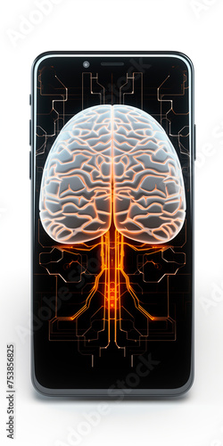 Modern mobile phone with cybernetic brain on the screen