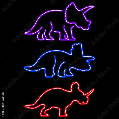 triceratops group neon icons, vector illustration on black background.