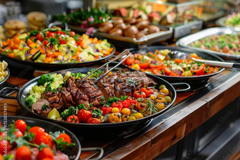 Delicious array of catering buffet food presented in an indoor restaurant setting Featuring grilled meats and a variety of gourmet dishes Perfect for social events and celebrations