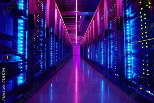Data center ecosystem Server racks glowing in a dim room Cybersecurity measures High-speed internet backbone