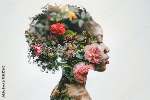 Dual exposure portrait blending a woman's profile with floral elements Symbolizing mental health and femininity