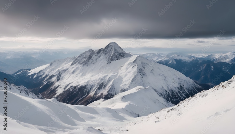 Panoramic Steep Mountain covered in snow under a cloud.