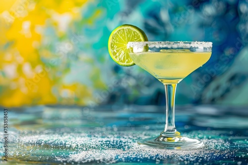Margarita cocktail with salt rim Lime wedge Isolated on a vibrant background
