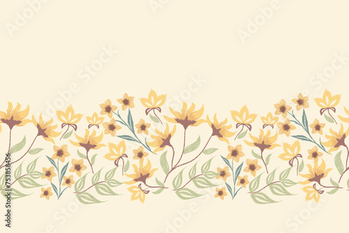 Vintage Floral pattern background border yellow daffodil daisy flower motifs seamless  embroidery Ikat vector illustration. Hand drawn wildflower design.
