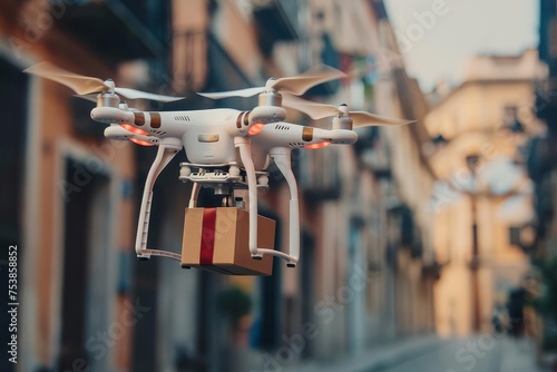 Parcel delivery service Drone technology Packages being delivered to doorstep Futuristic delivery concept
