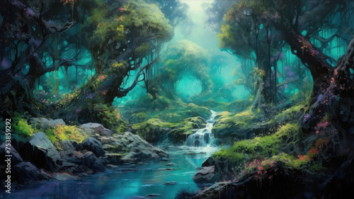 a painting of a forest with trees covered in moss and a waterfall