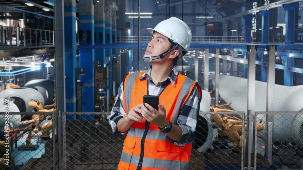 Asian Male Engineer With Safety Helmet Using Smartphone And Looking Around While Standing In Factory Manufacture of Wind Turbines Asian Male Engineer With Safety Helmet Using Smartphone And Looking Around While Standing In Factory Manufacture of Wind Turbines