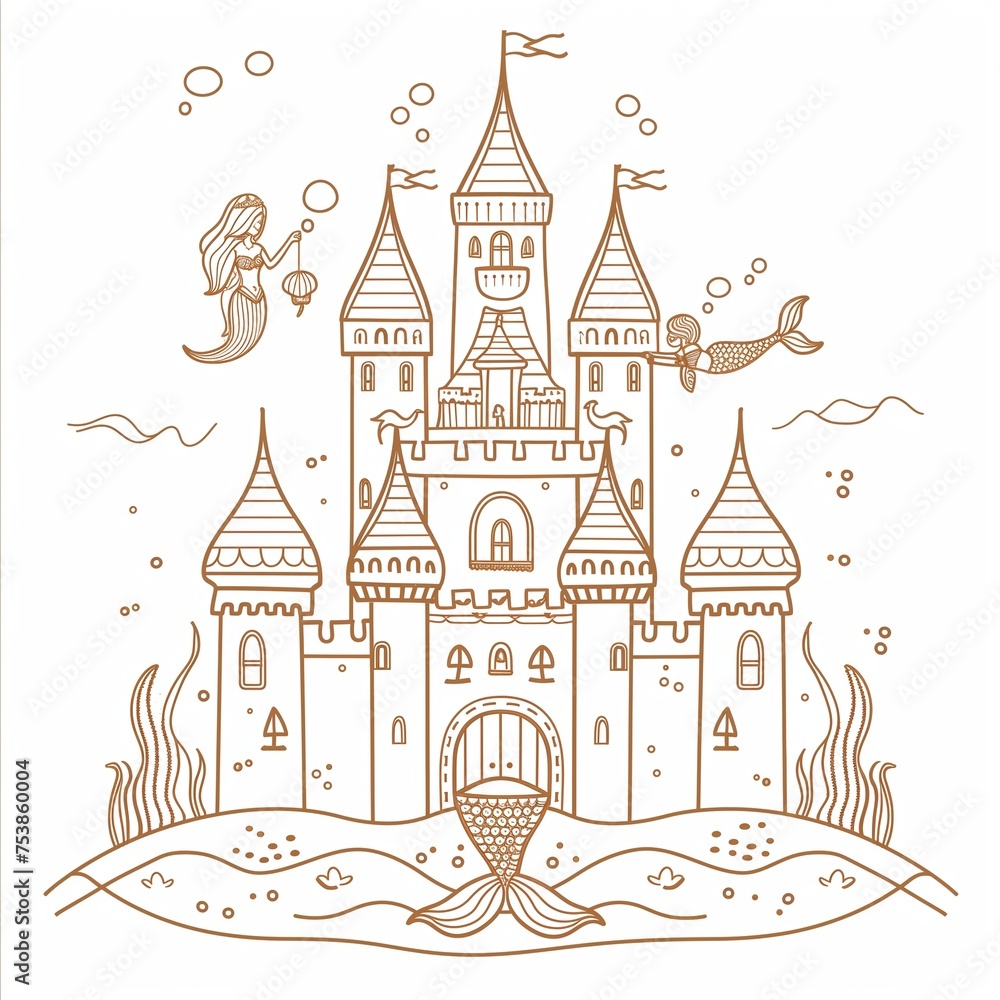 Clean outlines of big sandcastle design with mermaid theme, isolated on a plain white background for printing on an adult's shirt.