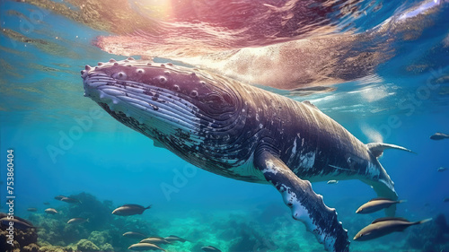 Humpback whale is swimming over a coral reef in the ocean © AlexanderD