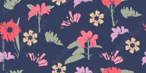 Hand-drawn seamless pattern with floral print. Abstract multi-colored daisies on dark blue background. Vector pattern for printing on fabric  gift wrapping  covers  wallpapers.