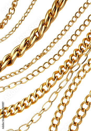 Bended Twisted Seamless Golden Chains, High-End Fashion Jewelry Accessory, Isolated on Transparent Background