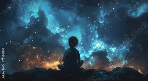 Boy Sitting on Hill Looking at Stars