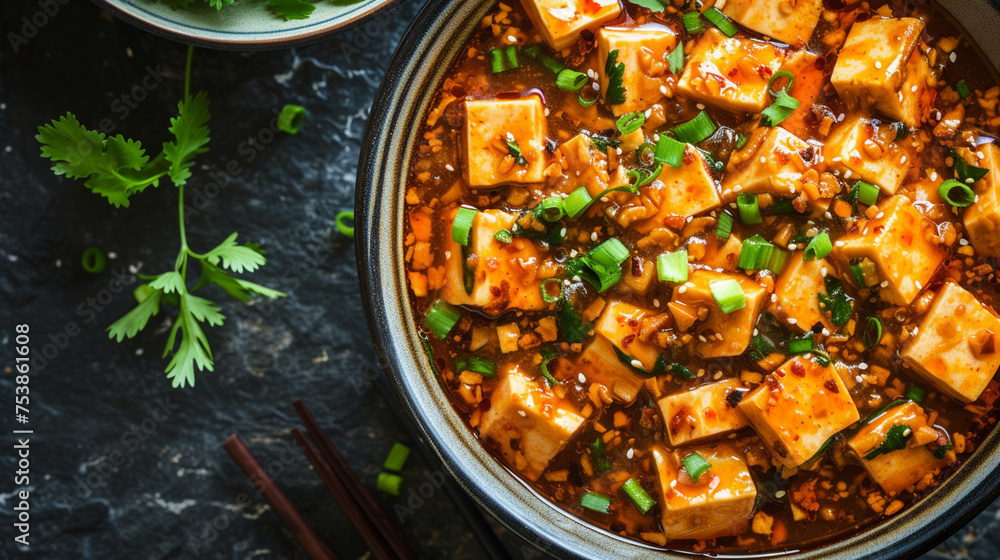 Chinese Cuisine, Mapo Tofu, extreme closeup, top view Chinese Cuisine, Mapo Tofu, extreme closeup, top view
