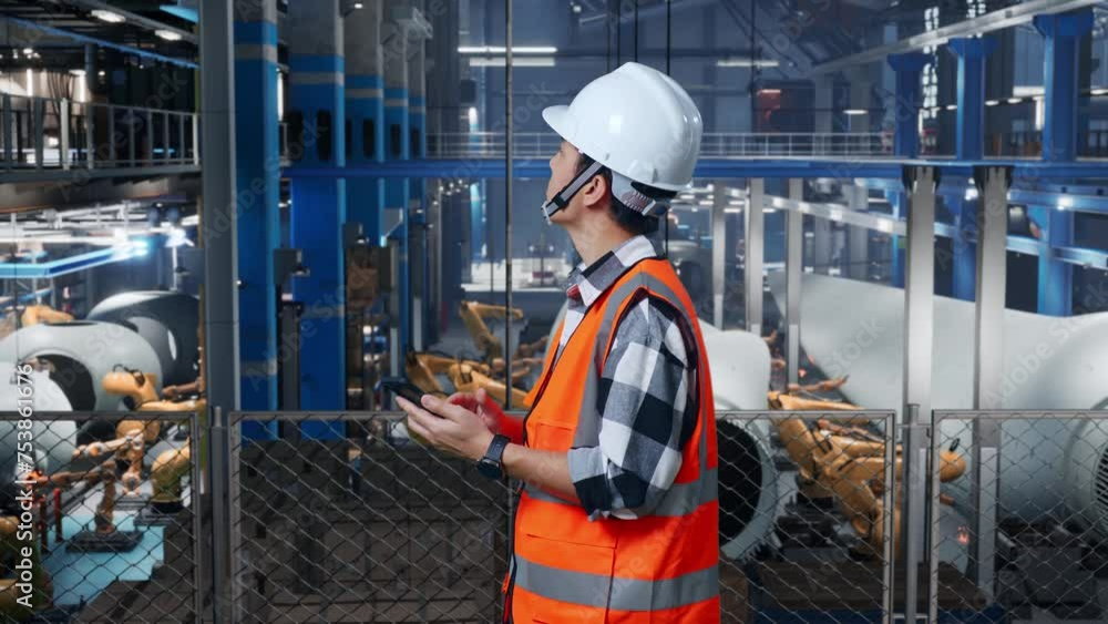 Side View Of Asian Male Engineer With Safety Helmet Using Smartphone And Looking Around While Standing In Factory Manufacture of Wind Turbines Side View Of Asian Male Engineer With Safety Helmet Using Smartphone And Looking Around While Standing In Factory Manufacture of Wind Turbines