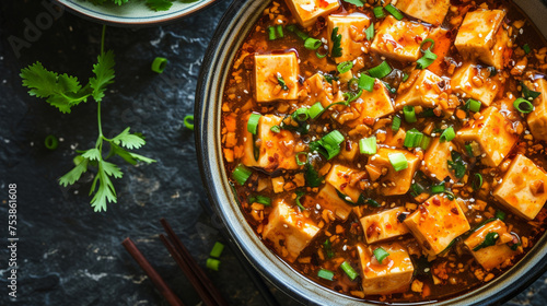 Chinese Cuisine, Mapo Tofu, extreme closeup, top view