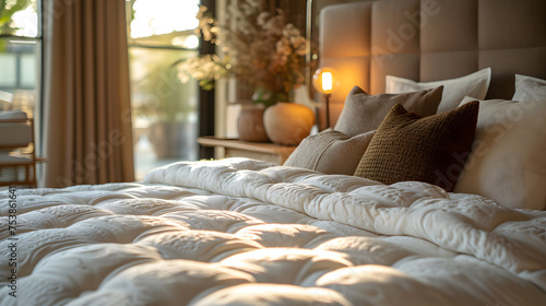 a close-up shot of a mockup bed in white with a pastel mauve backdrop, a white pillow cover, a white bed sheet, and a white blanket.