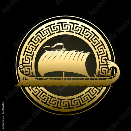 Ancient Greek Galley in Meandre Circle Isolated on Black Background